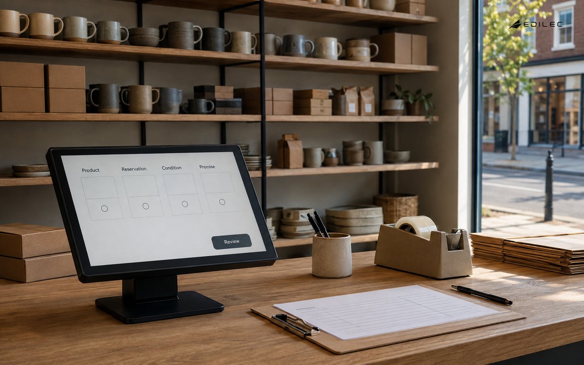 Inventory review sits beside the physical stock and pickup counter of a homewares store.