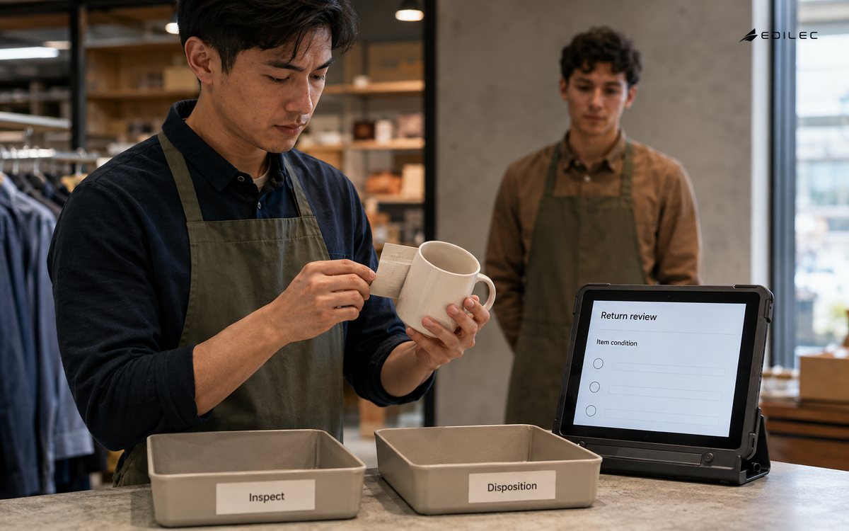 A store associate inspects a returned mug before deciding its disposition.