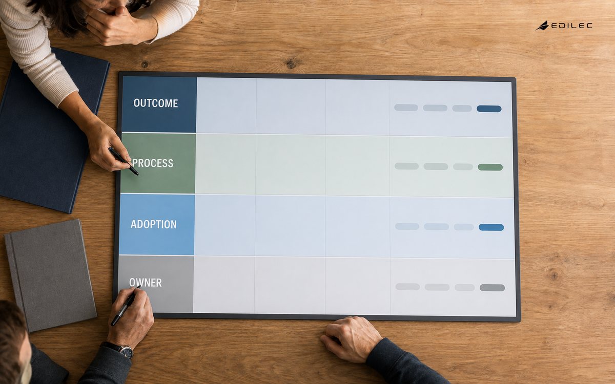 Cross-functional team reviewing a digital process plan around a working table.
