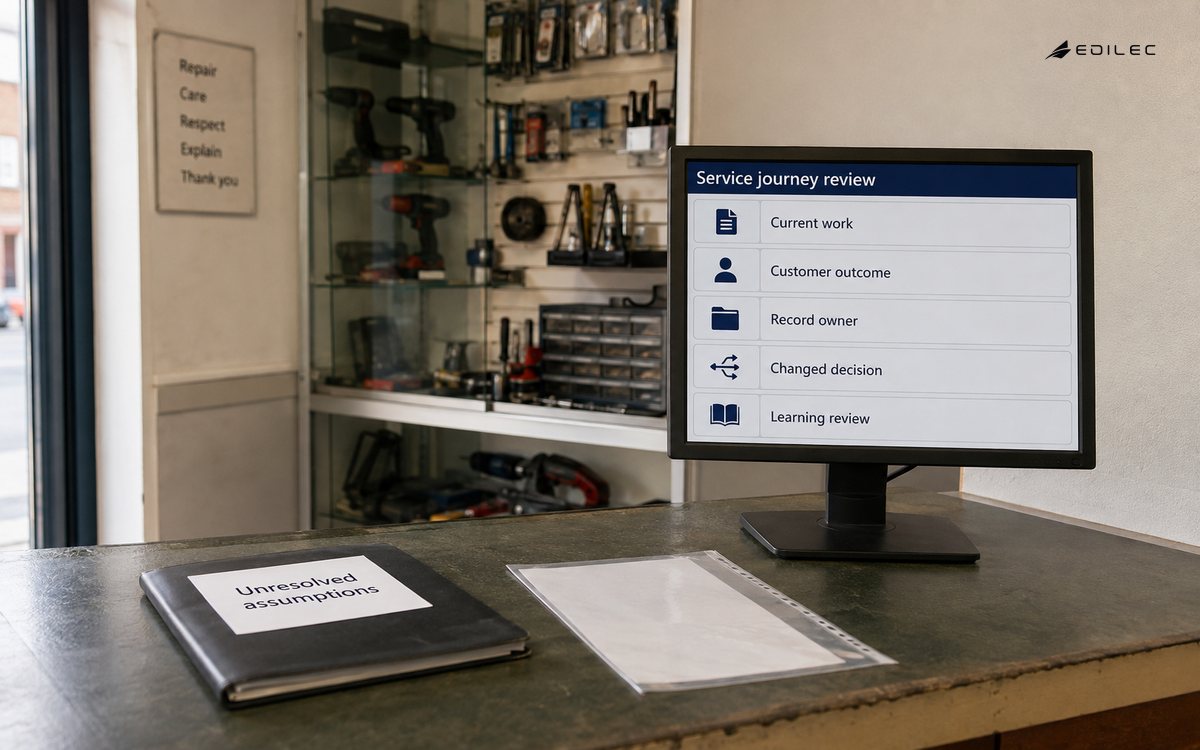 A repair-service reception links its customer journey to record ownership, decision changes and unresolved assumptions.