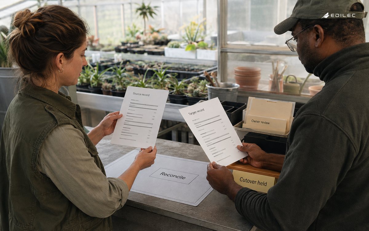 Standing garden-service colleagues reconcile source and target records before cutover.