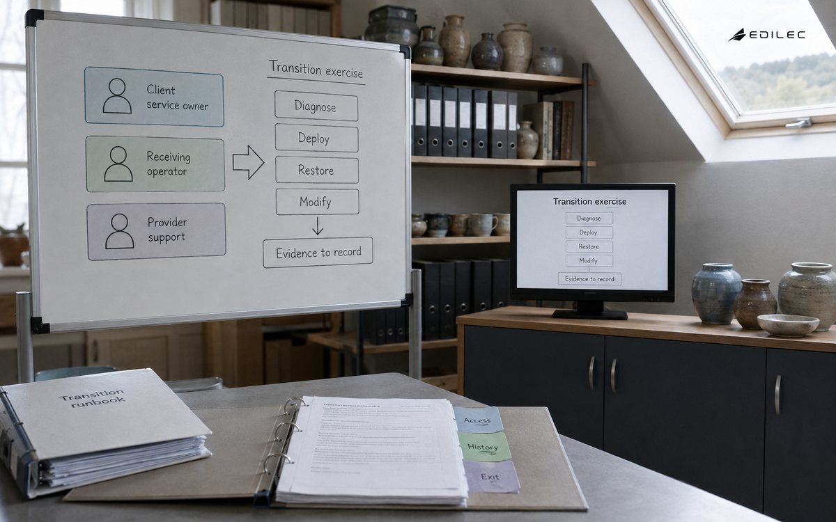 A craft-school office prepares an application transition exercise with retained client authority and operating evidence.