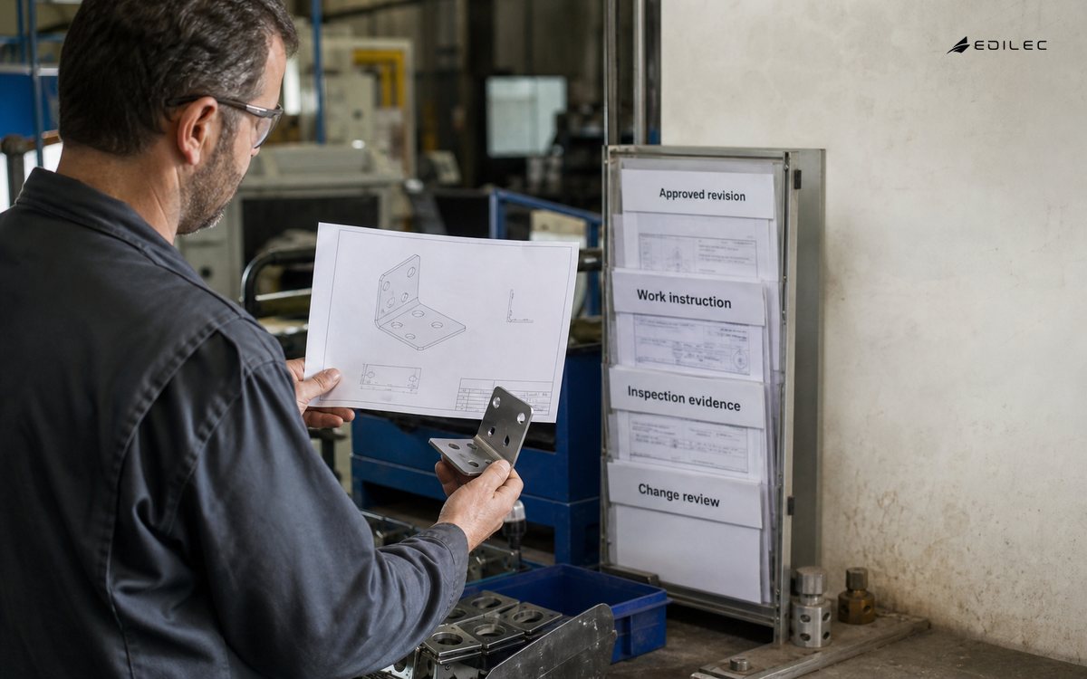 Standing craft-factory engineer hands comparing a product drawing with a manufactured metal bracket at a work instruction station.