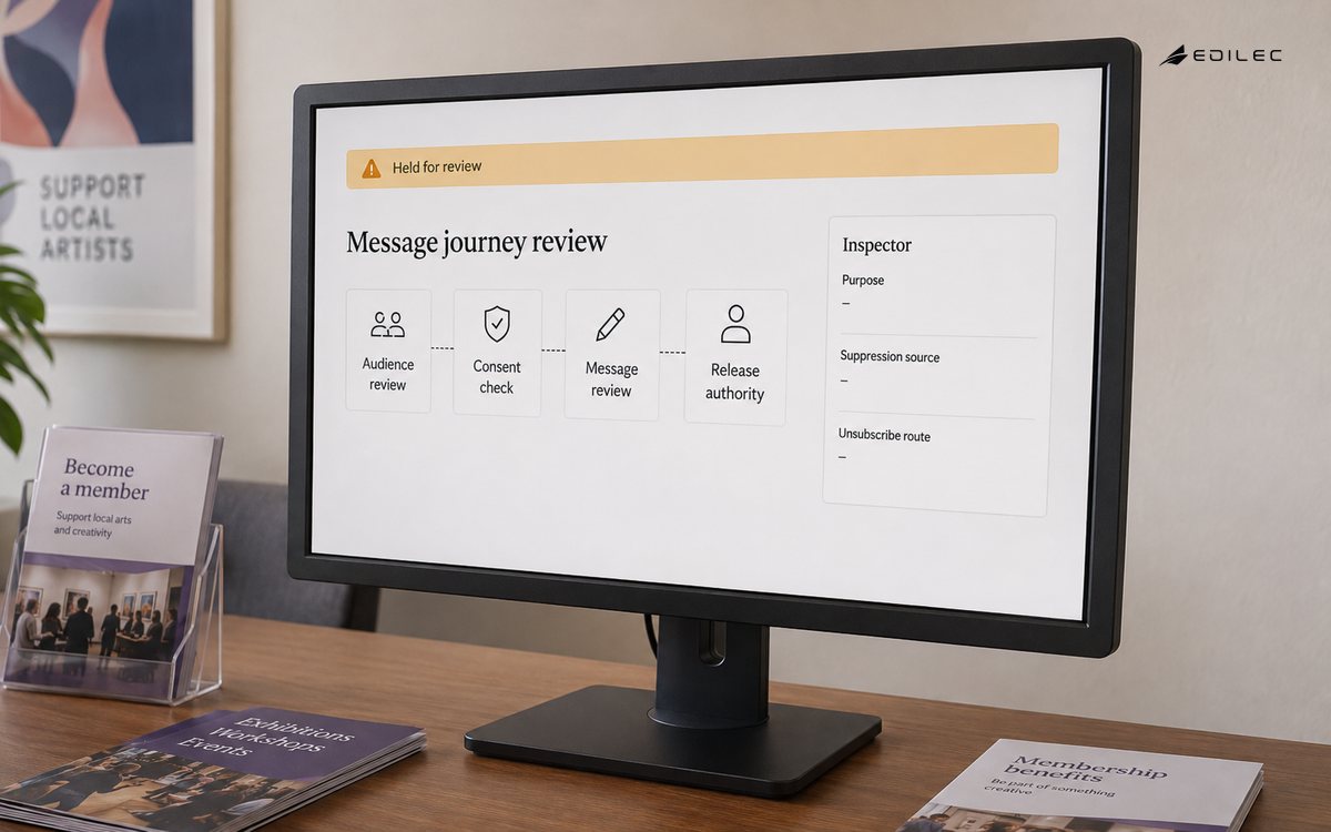 An email-journey review canvas holds a message for review while checking audience, consent and suppression authority.