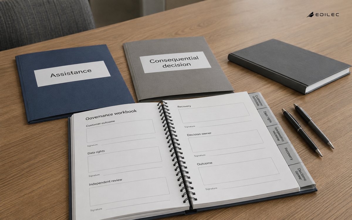 A finance planning table separates an assistance proposal from consequential decisions and their governance requirements.