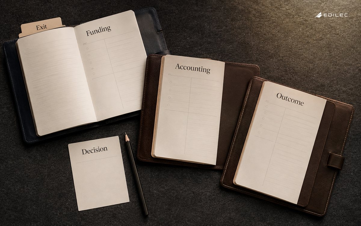 Three blank finance folios distinguish funding, accounting and outcome evidence.