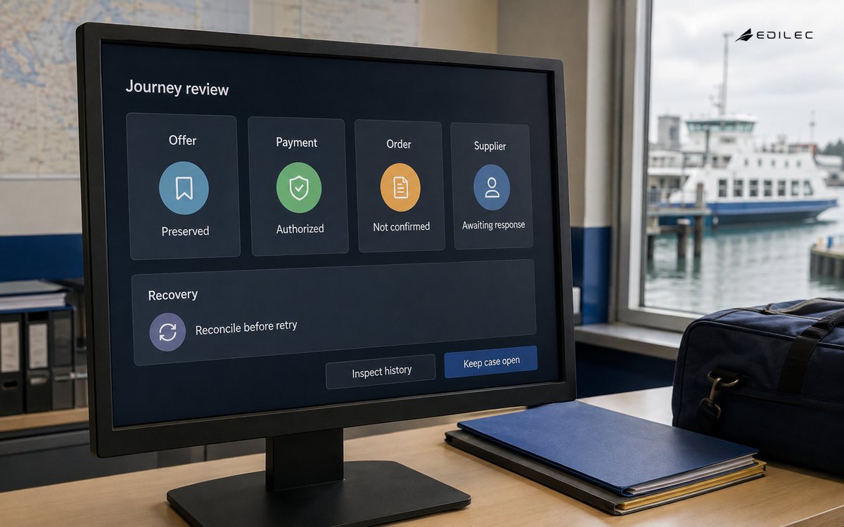 A travel-service display separates payment authorization from an unconfirmed order.