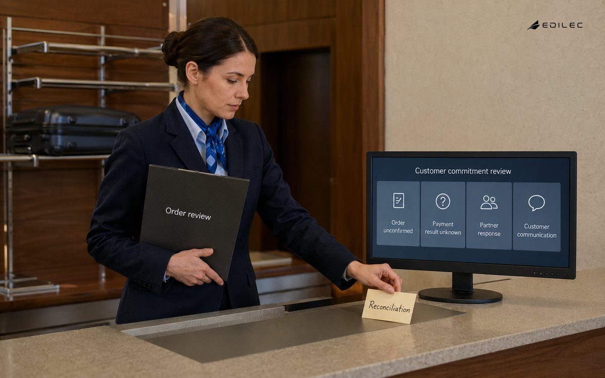 A travel-service agent reviews an unconfirmed order and unknown payment result before communicating a customer commitment.