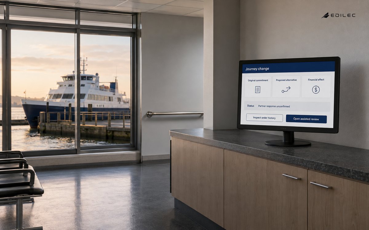 A ferry assistance room keeps an unconfirmed journey change linked to the original commitment and financial effect.