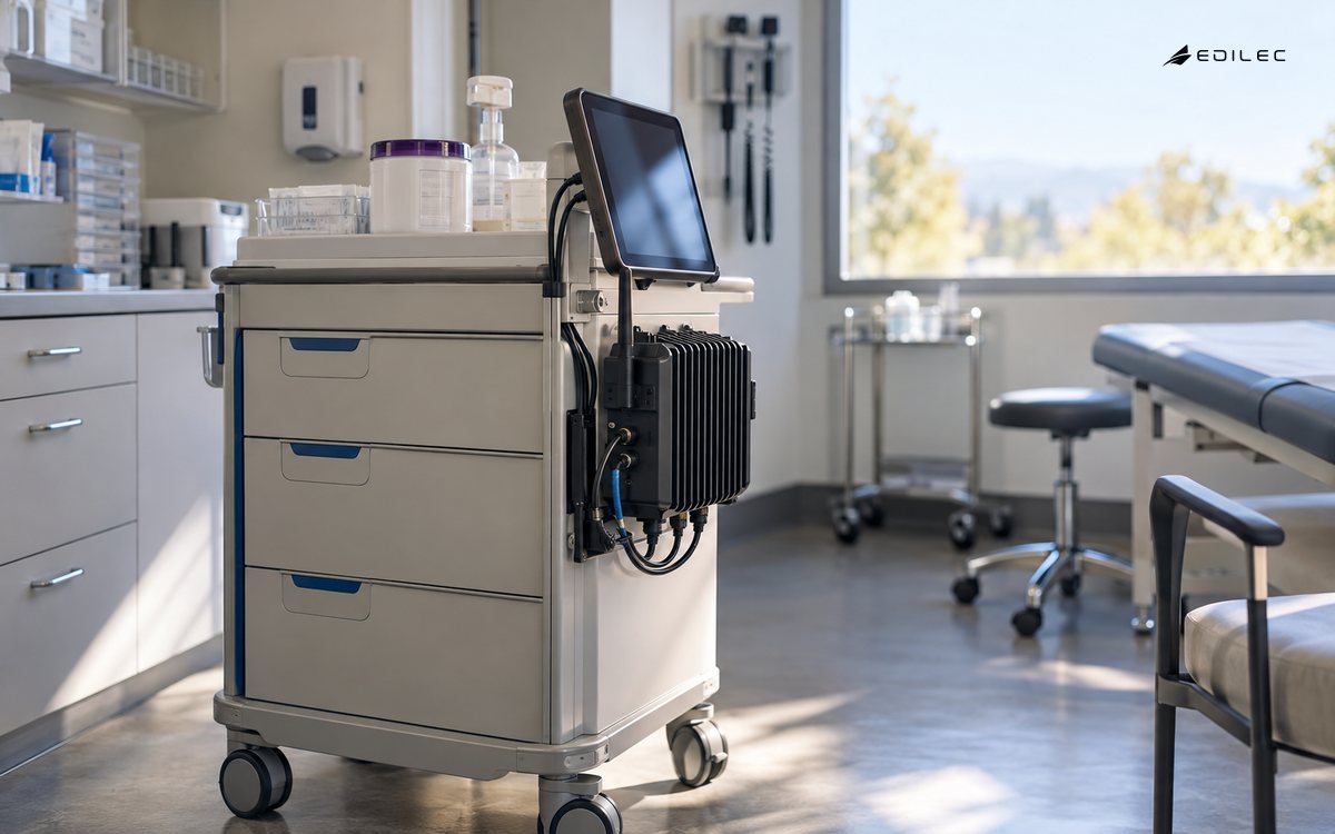 Rugged edge hardware and a small dark tablet mounted on a diagnostic cart in an empty clinic.