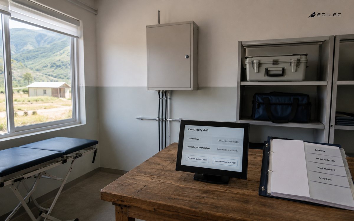 A clinic room displays an unavailable connection and manual-protocol controls beside a continuity binder.