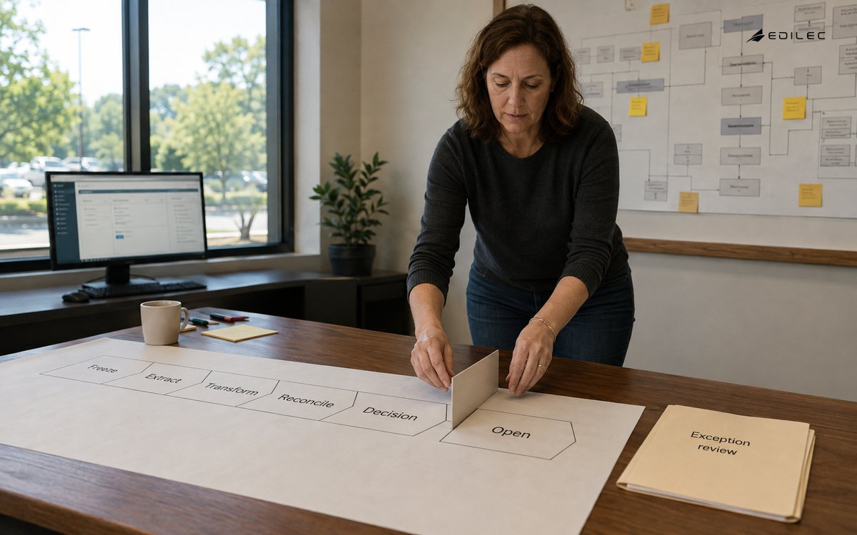 A coordinator marks the reconciliation and decision boundary before an ERP cutover opens.