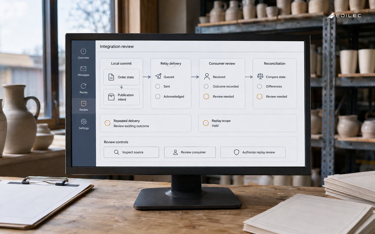 An ERP integration review links an outbox boundary to consumer review, reconciliation and held replay.