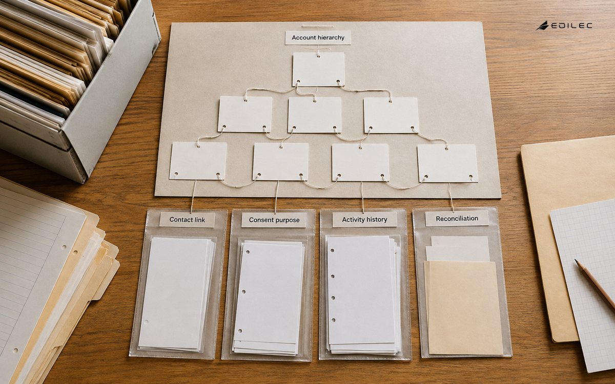 Blank customer hierarchy cards linked with thread to activity and consent sleeves on an archival desk.