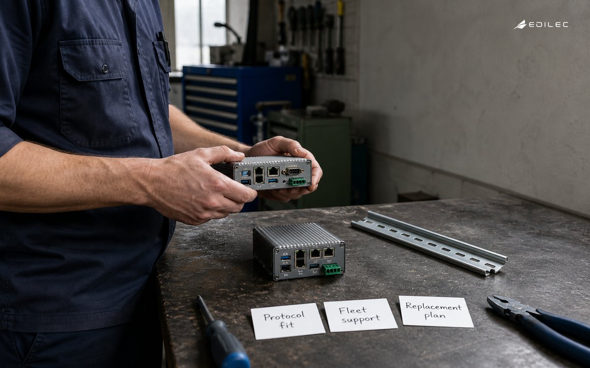 A technician examines a disconnected gateway and spare beside lifecycle responsibility cards.