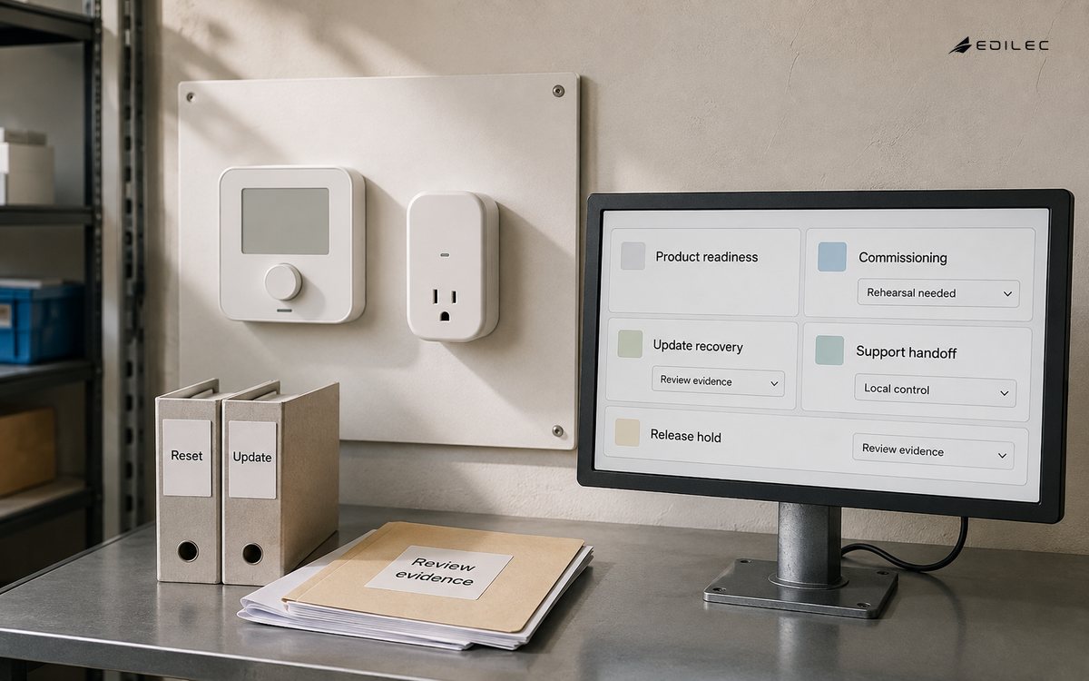 A connected-home prototype lab reviews commissioning, update recovery and support readiness.