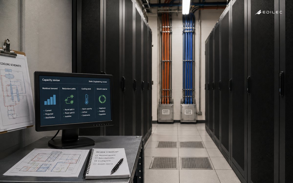 A data-centre planning alcove reviews a rack's capacity constraints.
