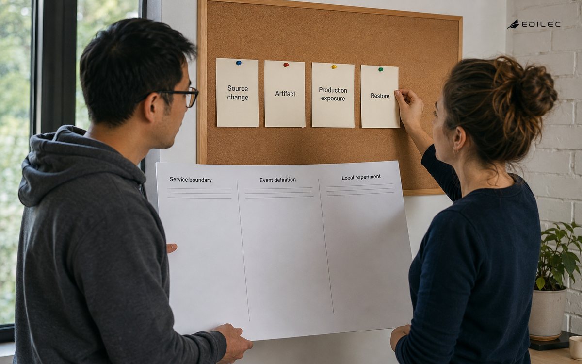 A team defines a delivery metric boundary using physical event cards.