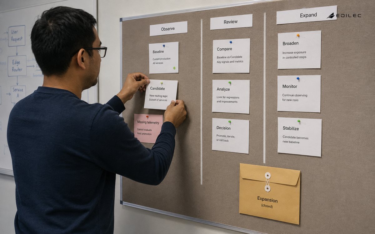 A release coordinator keeps a candidate at observation while telemetry is missing.