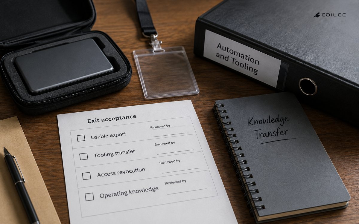 An exit checklist links data export, tooling, access and operating knowledge.