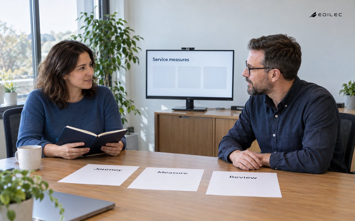 Two colleagues review Journey, Measure and Review sheets beside a Service measures monitor.