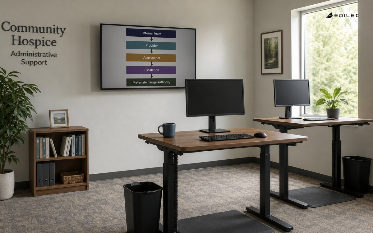 A community hospice administrative support room with two empty standing workstations and a modest wall display.