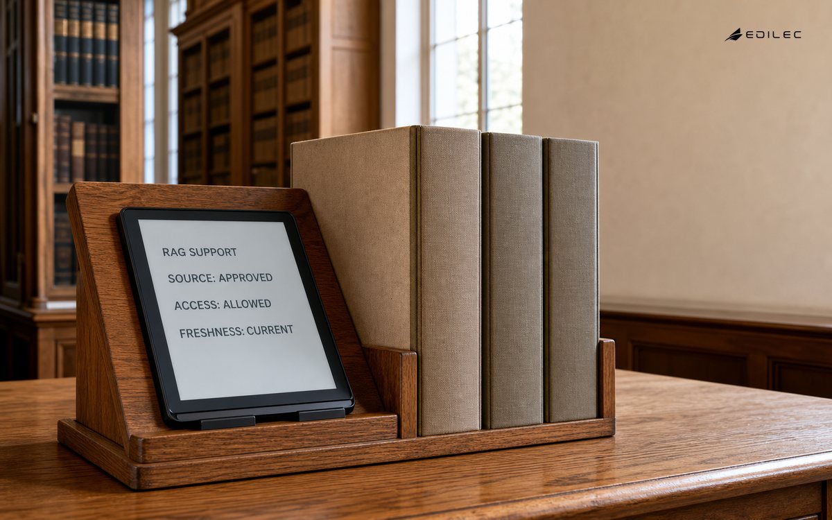 A docked support panel beside unlabelled library binders confirms approved, permitted and current knowledge sources.