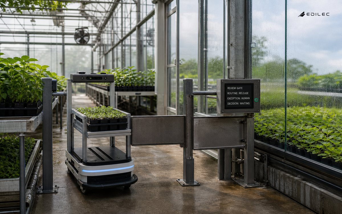 A seedling trolley is stopped at a greenhouse review gate whose panel reserves an exception for human judgment.