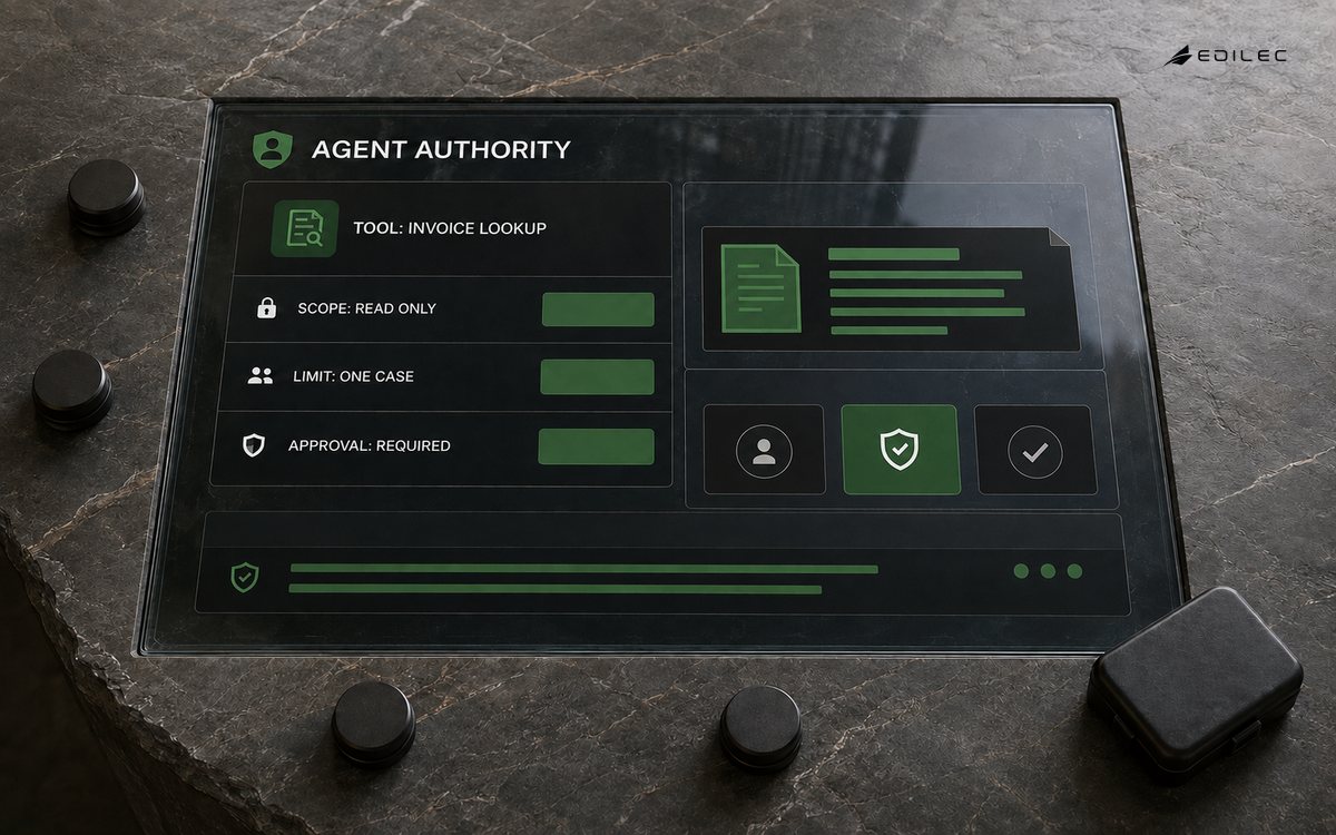 A top-down agent authority console limits invoice lookup to read-only access, one case and required approval.