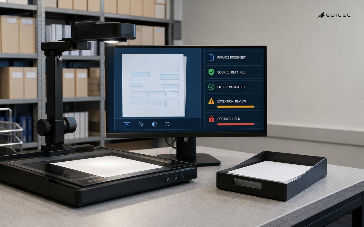 A finance document scanner retains the source, validates fields, routes an exception and holds posting.