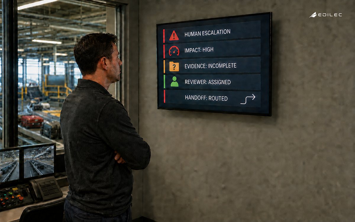A control-room coordinator reviews a high-impact AI escalation with incomplete evidence, an assigned reviewer and routed handoff.