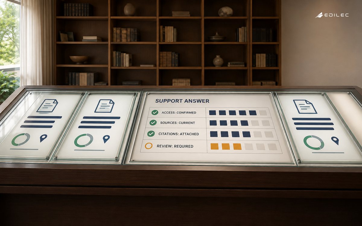 A library evidence table verifies access, current sources, attached citations and required review for a support answer.
