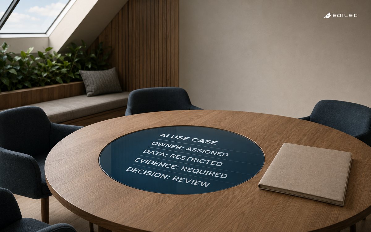A board-review table integrates an AI use-case register recording ownership, restricted data, evidence and a review decision.