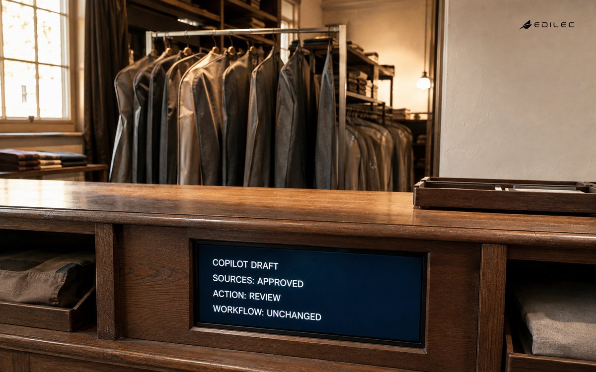 A recessed copilot case at a theatre wardrobe intake shows approved sources and a draft awaiting review while the workflow stays unchanged.