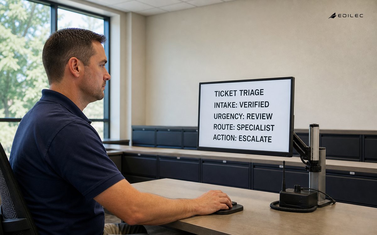 A university facilities operator reviews a verified support ticket routed to a specialist with escalation available.