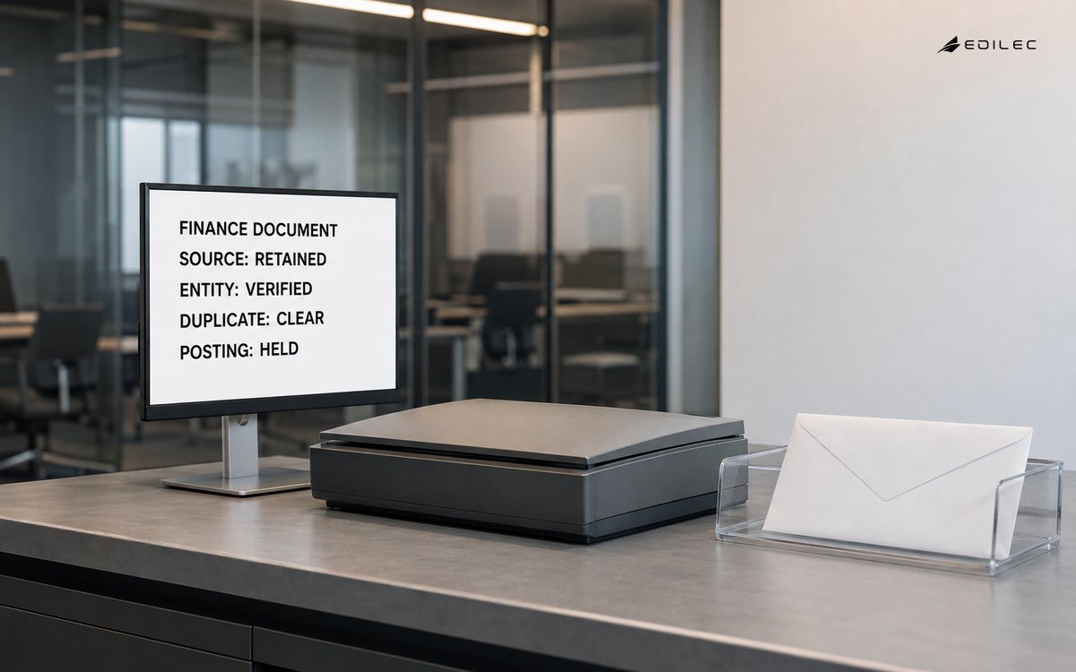 An accounts-payable intake station retains a finance source, verifies its entity, clears duplication and holds posting.