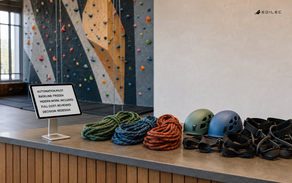 A climbing-gym rental counter reviews an automation pilot with a frozen baseline, included hidden work and a redesign decision.