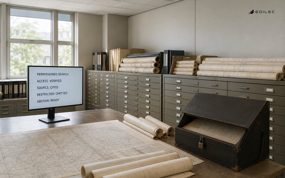 A planning-records archive surrounds a permissioned-search monitor that verifies access, cites sources, omits restricted records and can abstain.