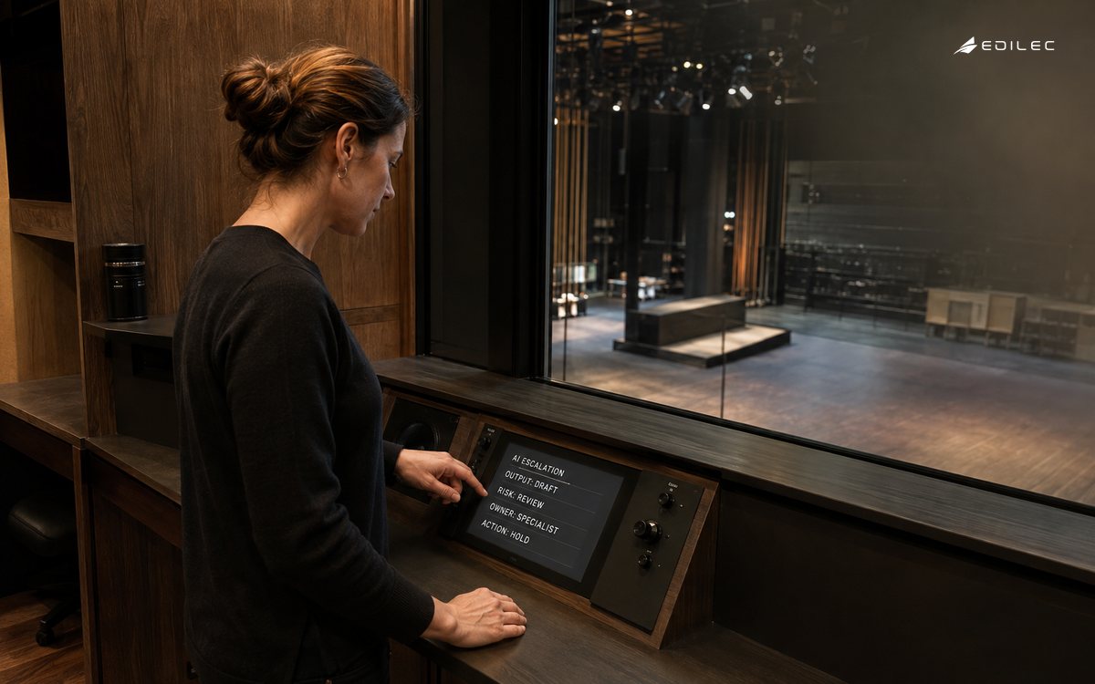 A theatre operations coordinator reviews a held AI workflow escalation on a production console.