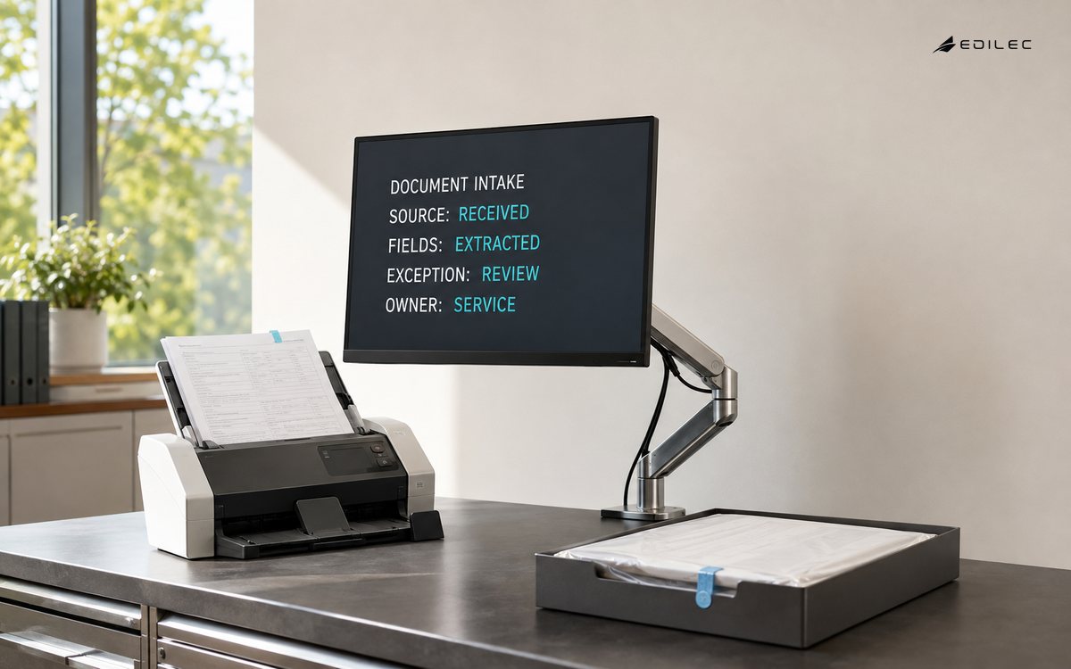 An architectural document intake station pairs a scanner with a verified AI intake record.