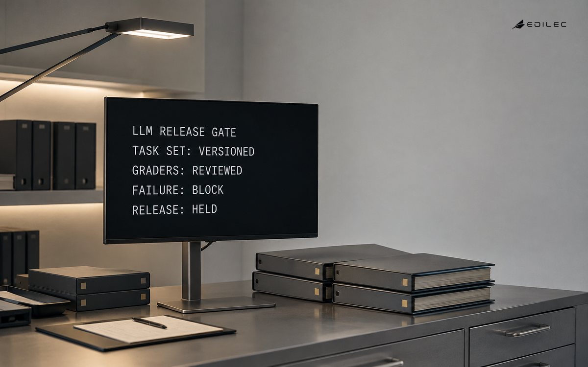 A quality-review workstation shows a versioned LLM evaluation release gate.