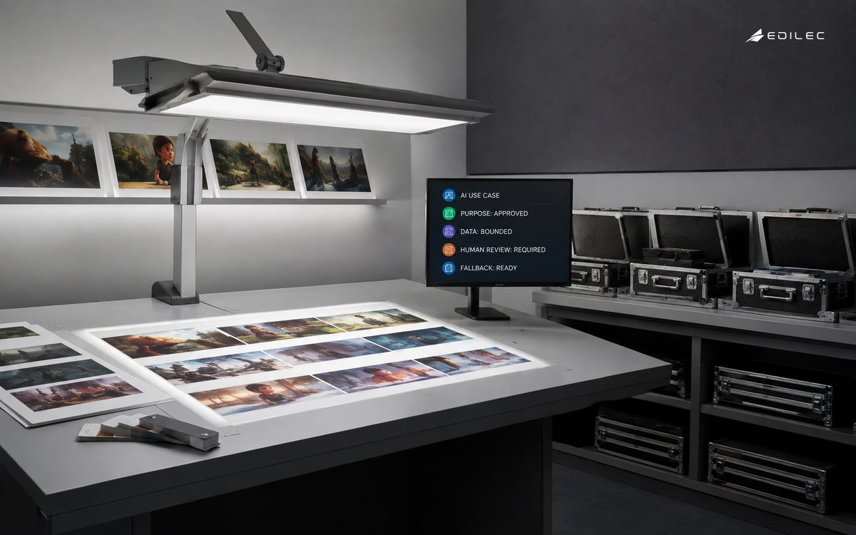 An animation colour-review room shows an approved AI use case with bounded data, human review and a ready fallback.