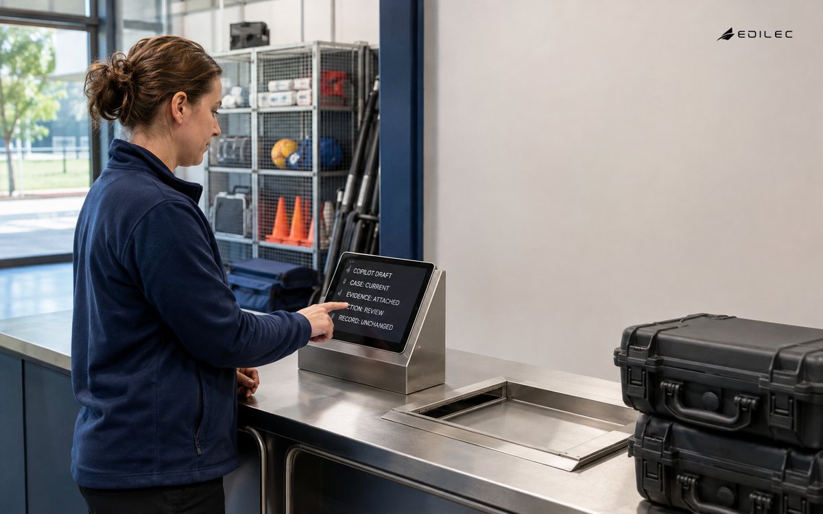 A sports-centre coordinator reviews a copilot draft tied to current evidence while the system of record remains unchanged.