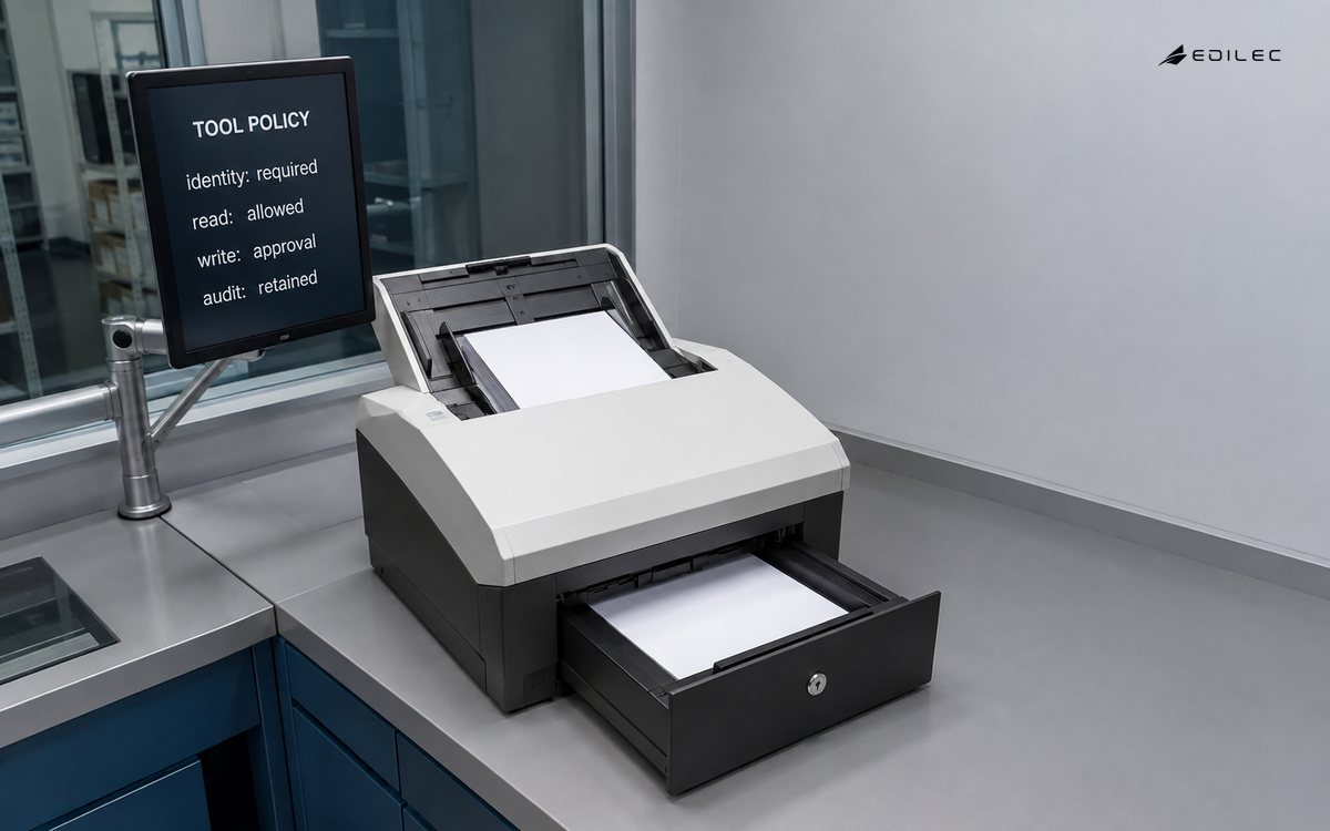 A reproduction lab tool policy requires identity, allows reading, gates writing with approval and retains an audit trail.