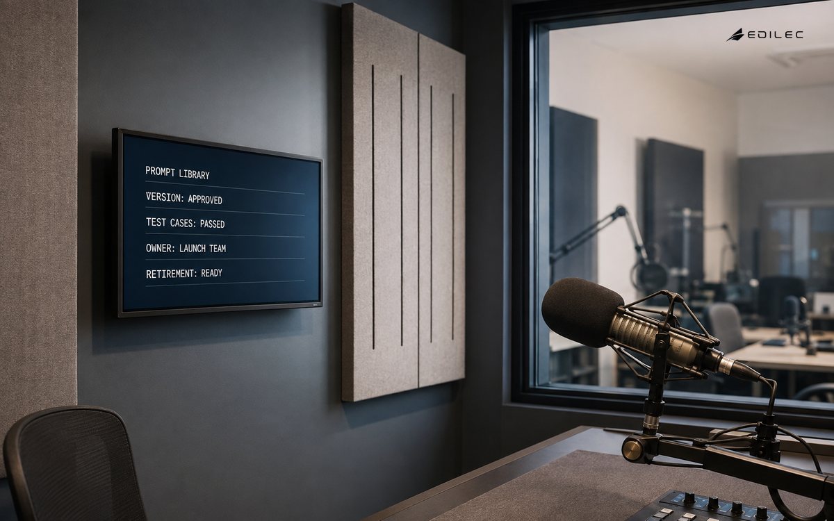 A community-radio launch booth displays an approved prompt library with passed test cases, a launch-team owner and retirement readiness.