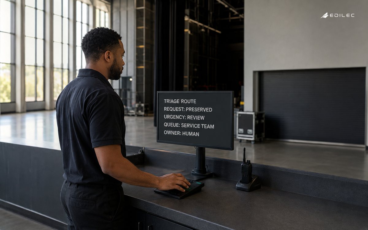 A performing-arts facilities operator reviews an AI triage route that preserves the request and leaves ownership with a human service team.