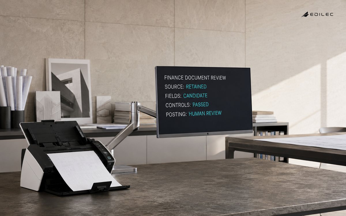 A finance document station retains source evidence while candidate fields wait for human review.