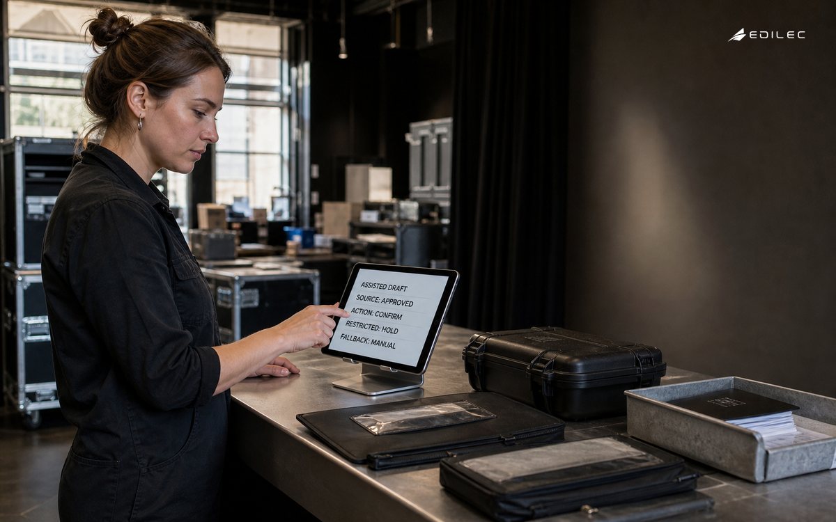 An employee uses a docked tablet beside travel pouches in a theatre service room.