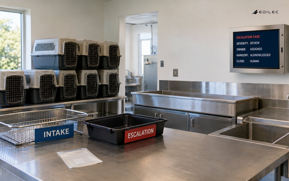 An intake monitor stands beside animal carriers and case trays in a wildlife triage room.