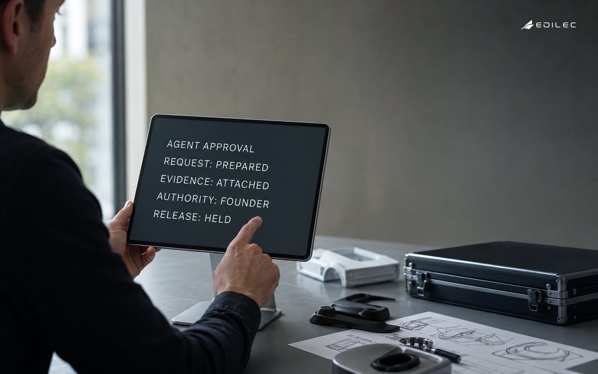 A founder reviews evidence and authority boundaries for an AI agent approval on a professional tablet.